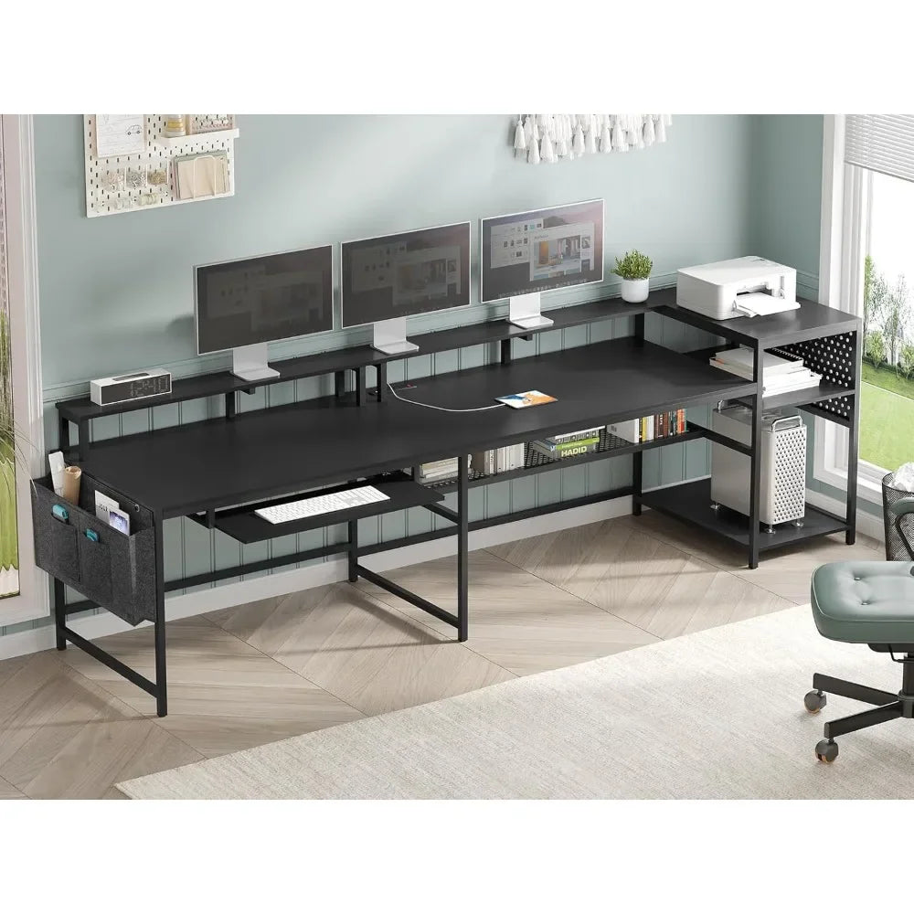 L Shaped Gaming Desk with Power Outlets and LED Strip