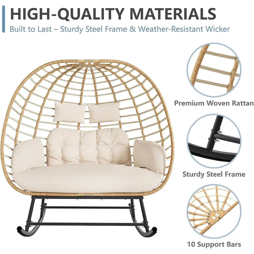 Double Wicker Egg Rocking Chair Outdoor Lounge Patio