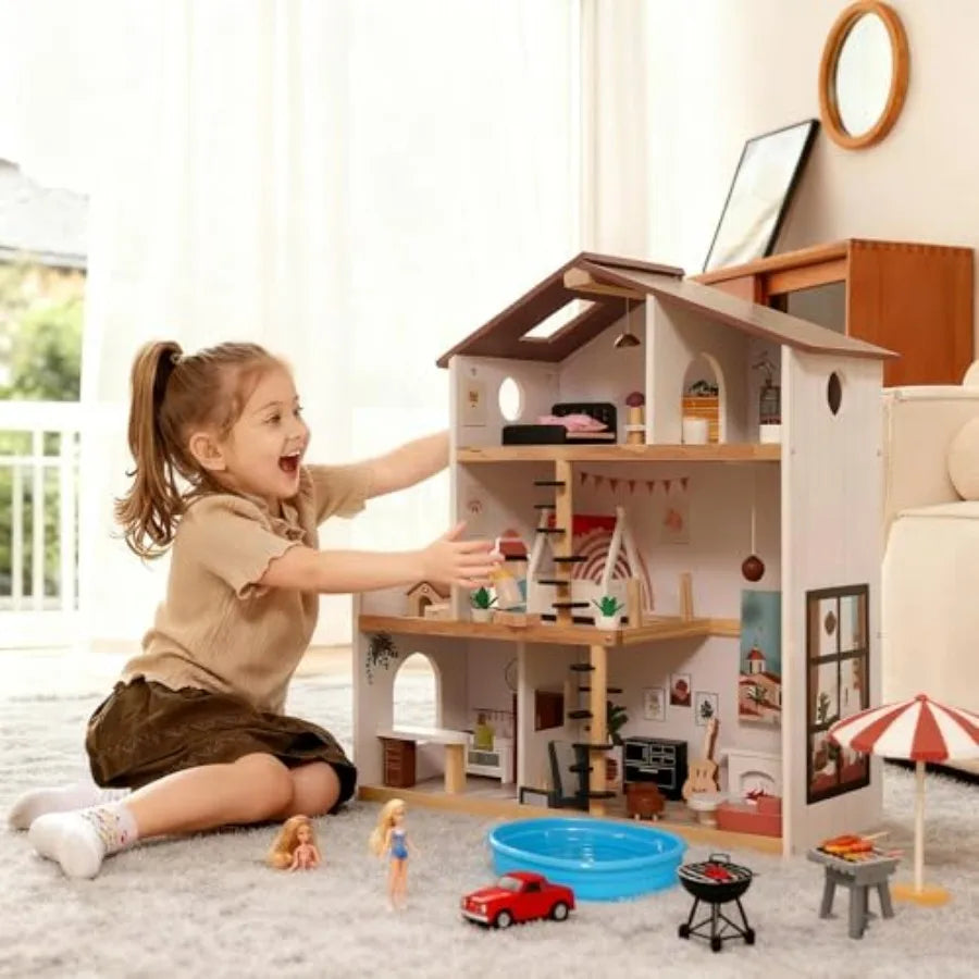 OLOEY Wooden Doll House With 53 Pcs Furniture Six Rooms Spiral Staircase Balcony