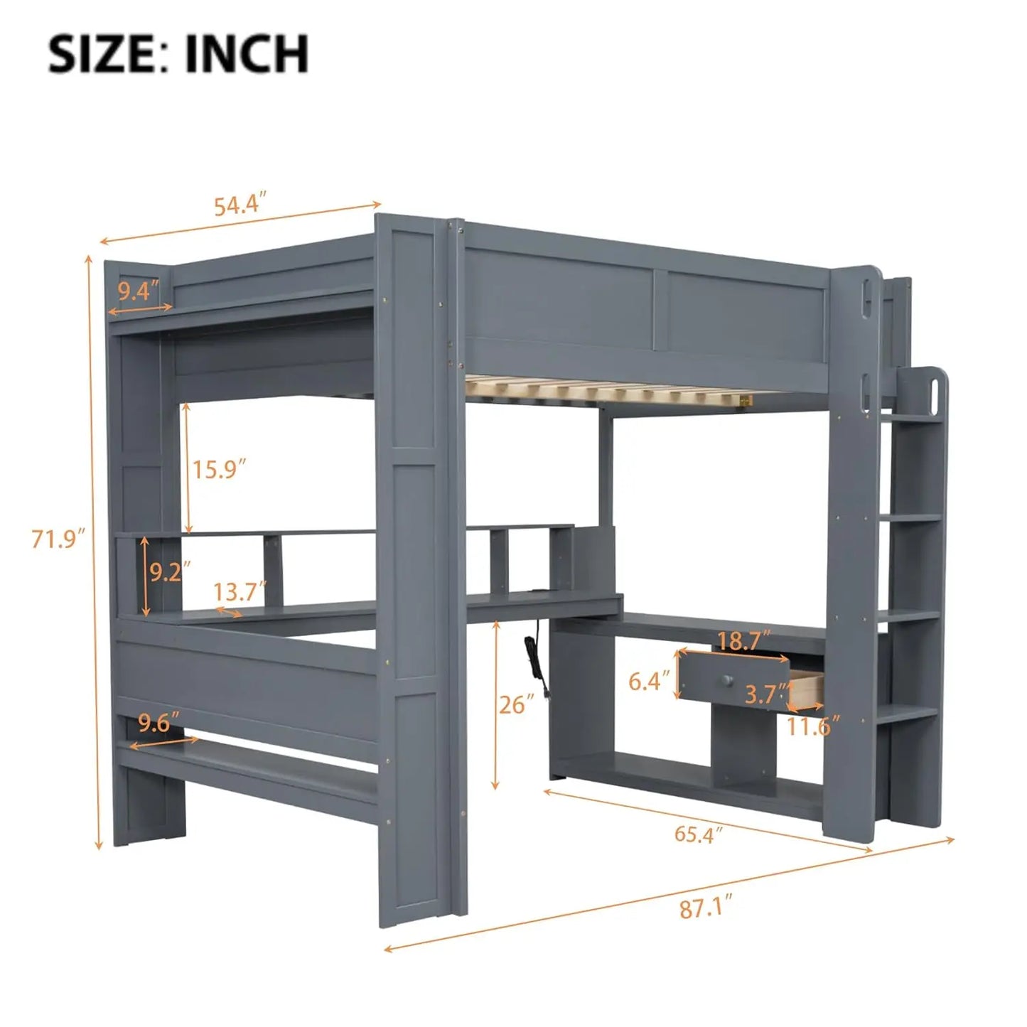 Wood Gaming Loft Bed With Desk Storage LED ChargingStation