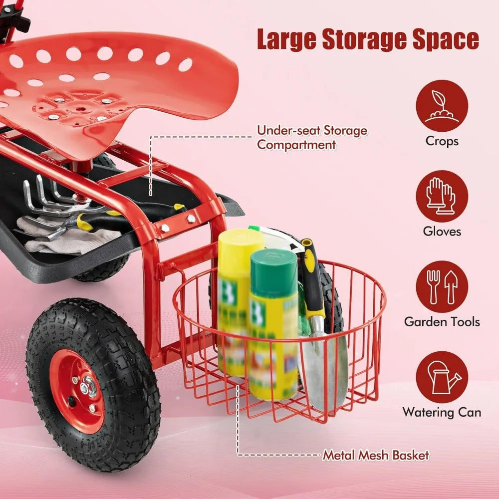 Adjustable Rolling Garden Cart With Seat Tool Tray Basket