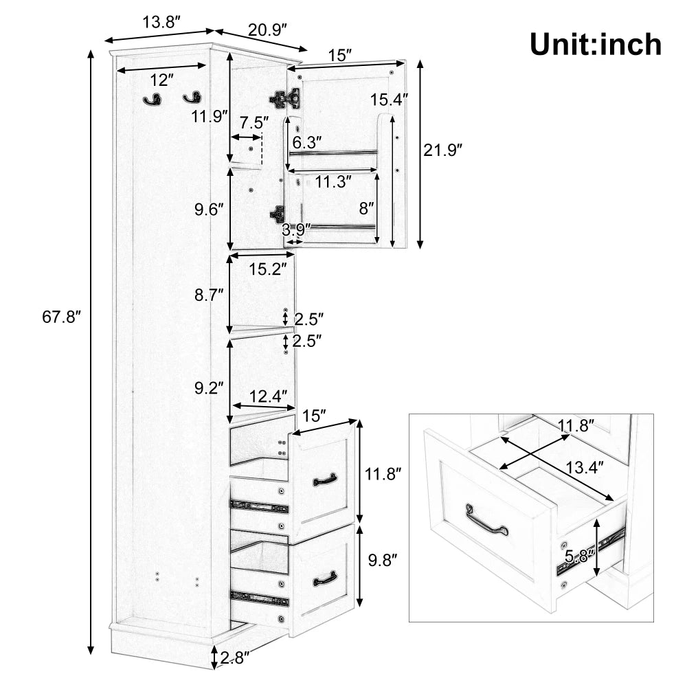 Tall Bathroom Storage Cabinet With Hook And Adjustable Shelf