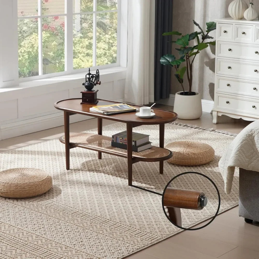 Modern Walnut Rattan Coffee Table with Storage Shelf for Living Room
