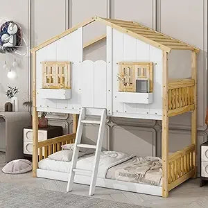 Pine Floor House Bunk Bed With Roof Window Storage