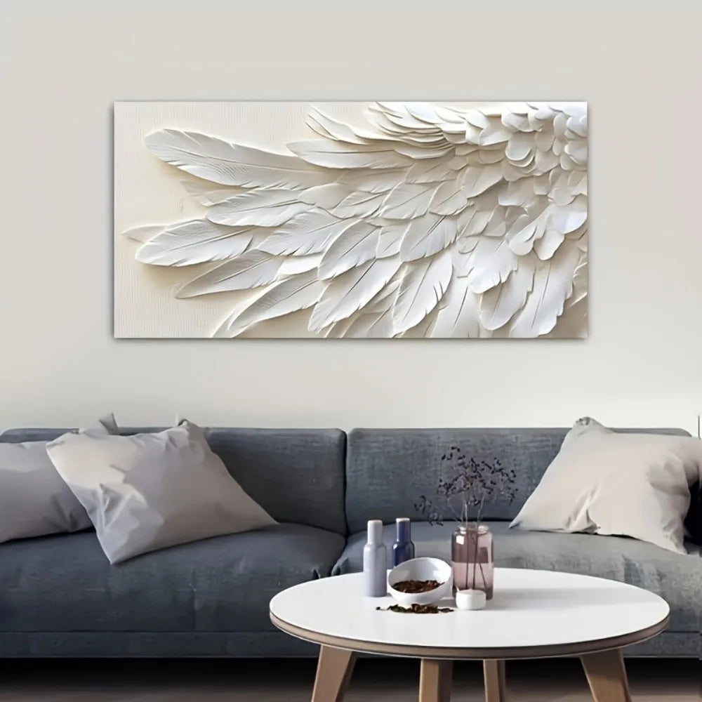 Modern Abstract White Feather Wall Art with Pine Frame for Interior Decoration