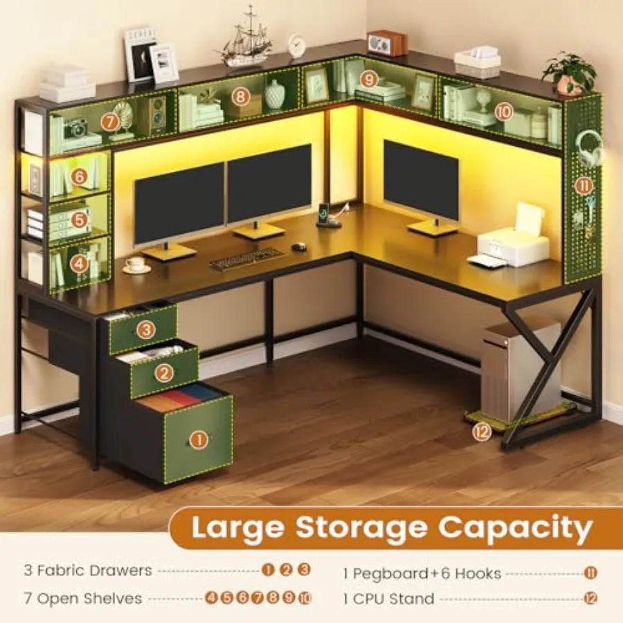MDNG L Shaped Gaming Desk With Storage Drawers Hutch