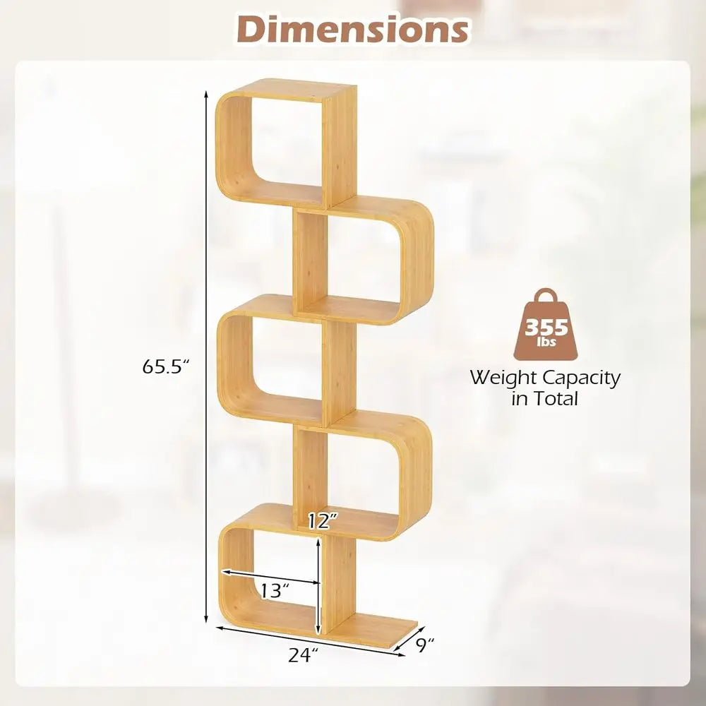 Five Tier Bamboo S Shaped Bookshelf With Open Cubes
