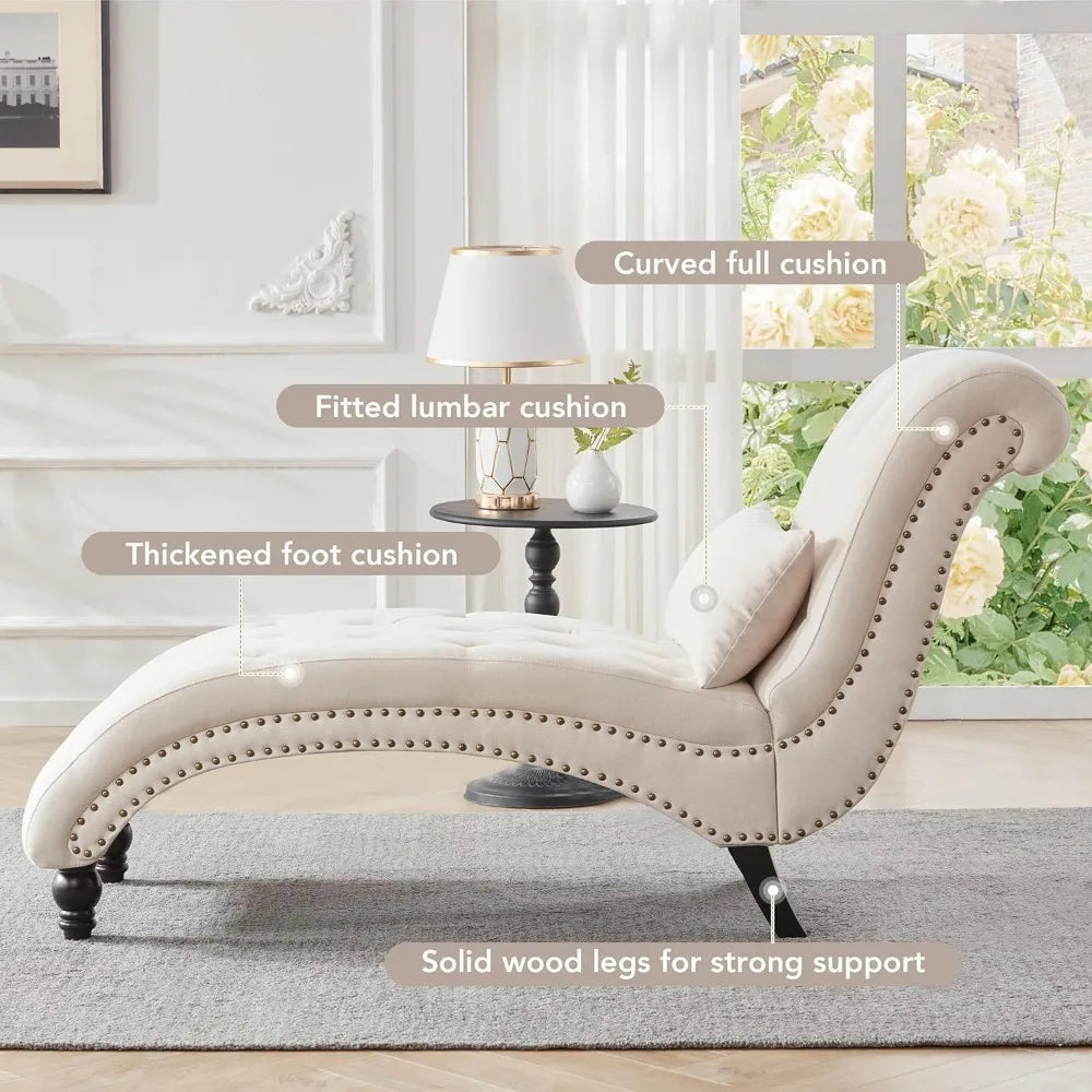 Tufted Soft Chaise Lounge Chair for Bedroom and Living Room in Beige Linen