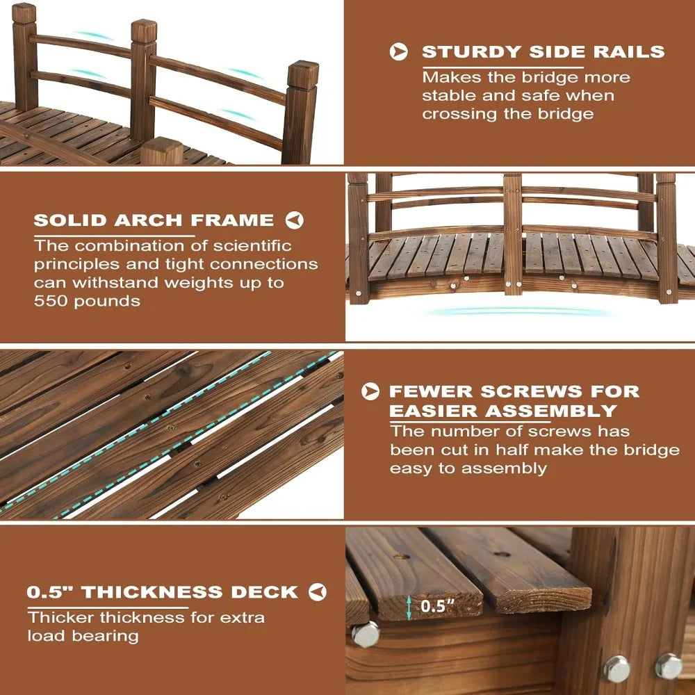 Carbonized Fir Wood Garden Arc Bridge With Railings