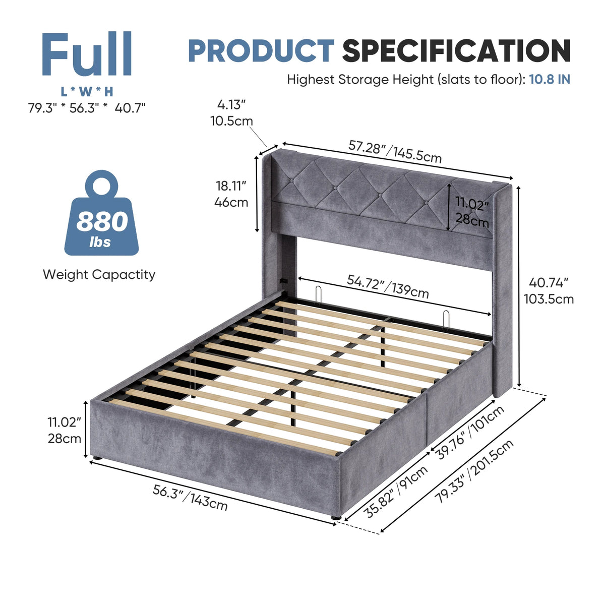 JHK Upholstered Lift Up Storage Bed Frame With Wingback Headboard