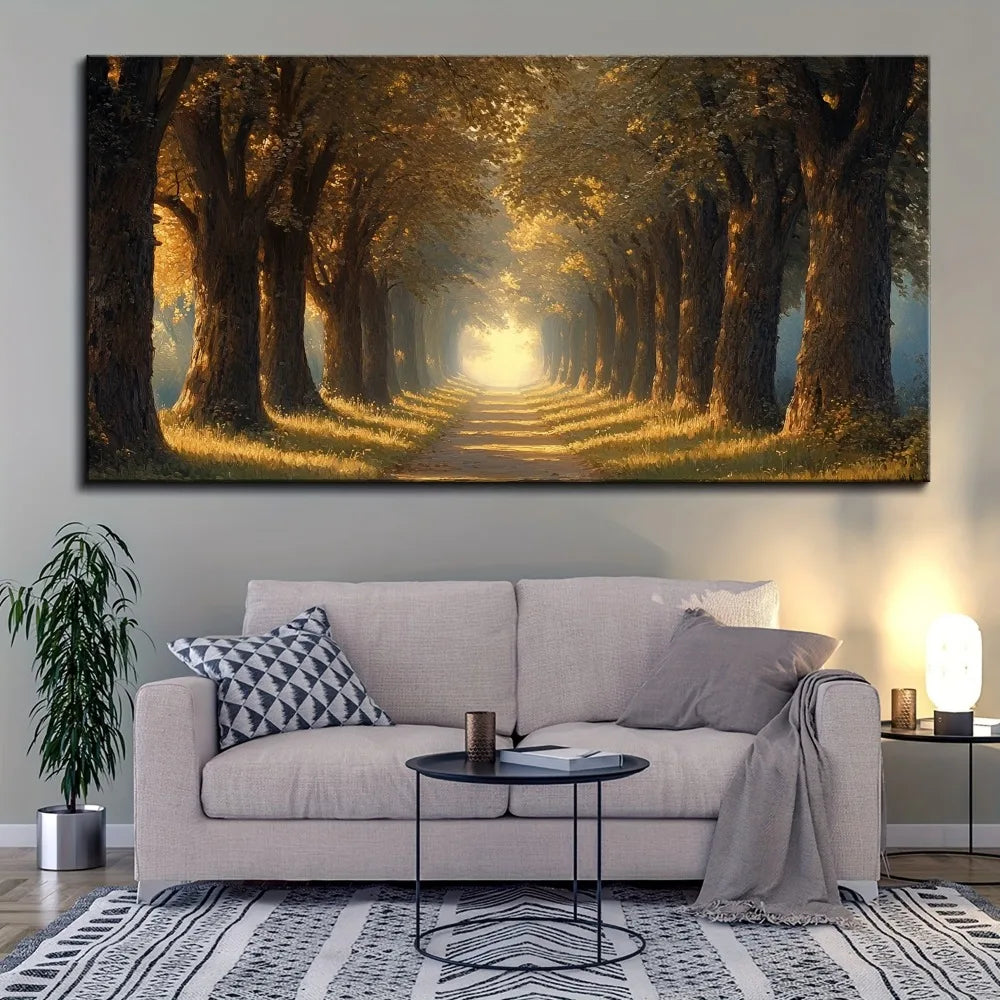 Hand-Painted Yellow Forest Art Autumn Landscape Oil Painting in Pine Frame