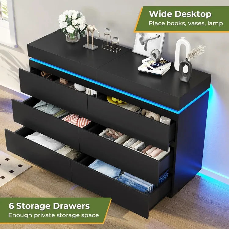 High-concerned Modern 6 Drawer Dresser With Sliding Desktop Charging Station LED Lights