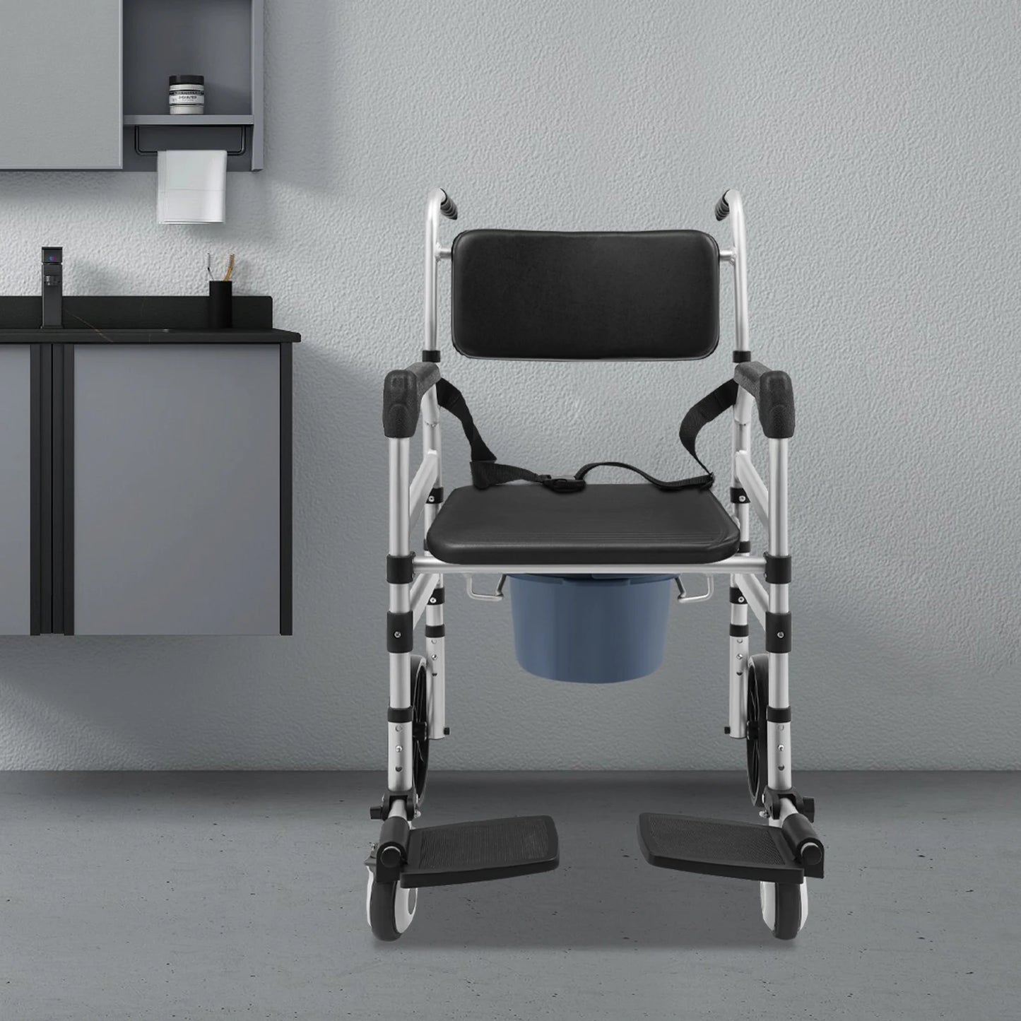 Foldable Rolling Shower Chair With Aluminum Height Adjustment Commode