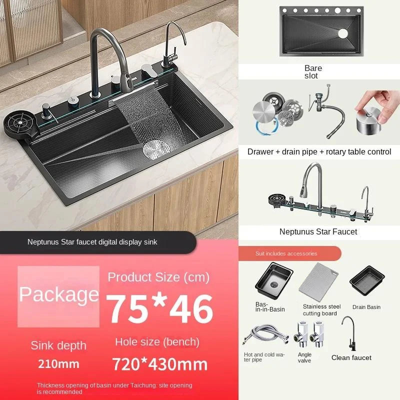 304 Stainless Steel Kitchen Waterfall Sink Digital Display