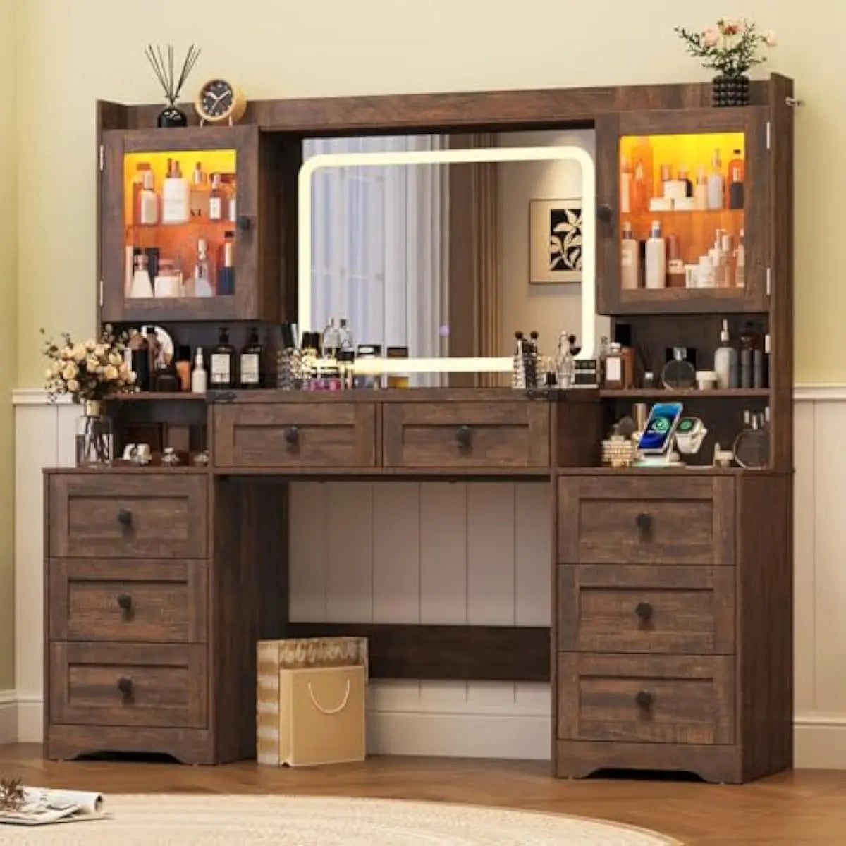 Rustic Farmhouse Vanity Desk With LED Mirror And Drawers