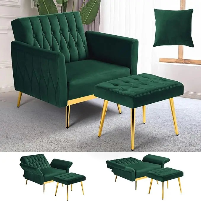 Velvet Accent Chair with Adjustable Armrests Tufted Back and Ottoman