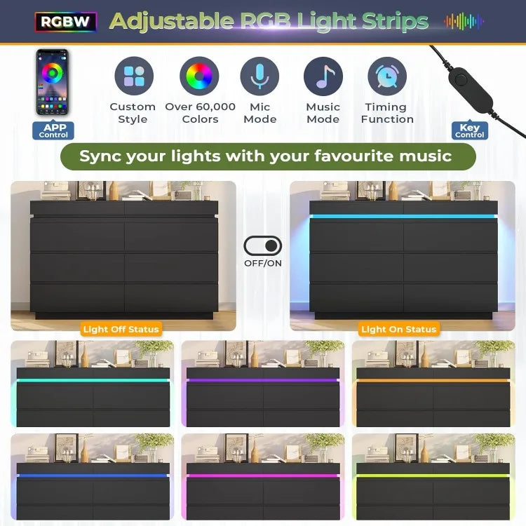 High-concerned Modern 6 Drawer Dresser With Sliding Desktop Charging Station LED Lights