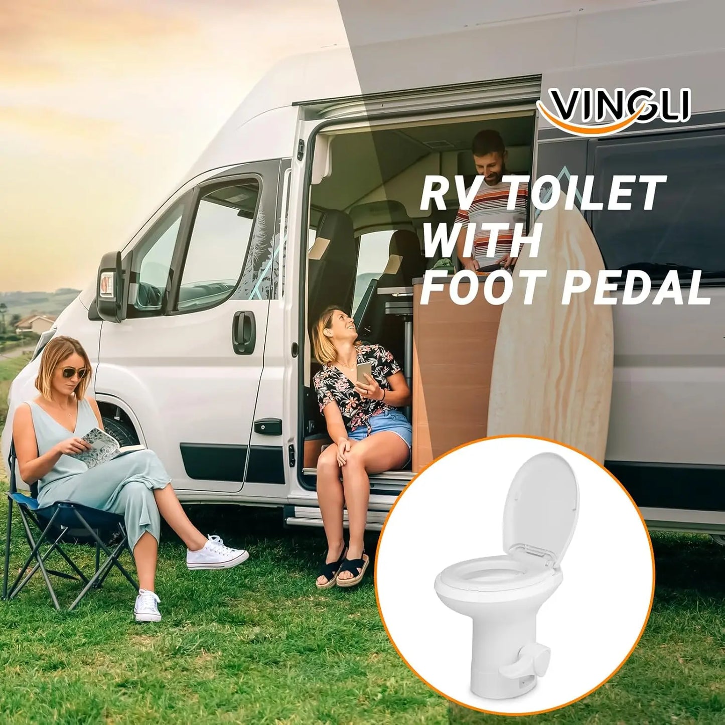 Gravity Flush RV Toilet with Foot Pedal Standard Height for Campers and Trailers