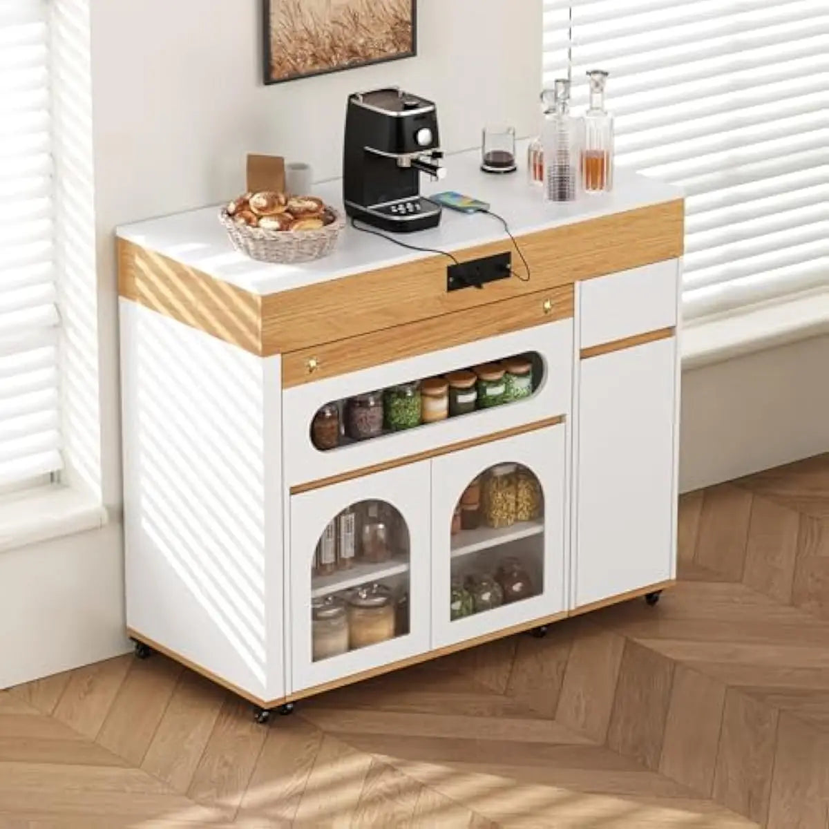 Rolling Extendable Kitchen Island Glass Door Cabinet With Drawers