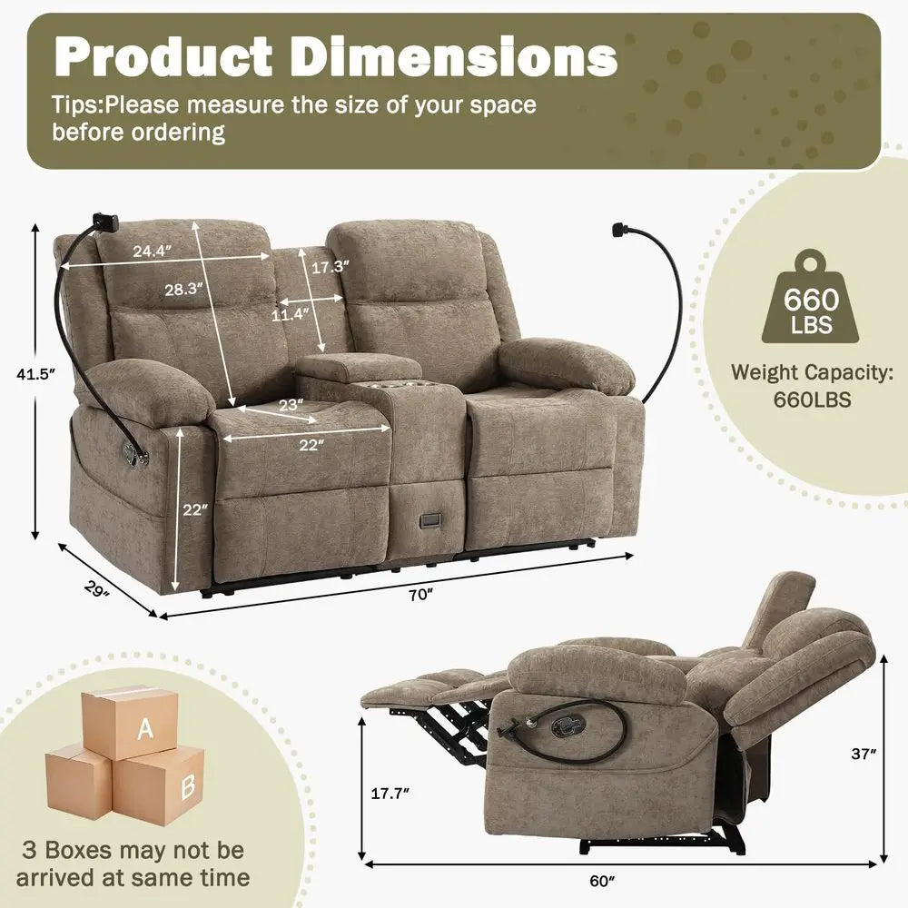 Reclining Loveseat Sofa With 360 Degree Phone Holder USB
