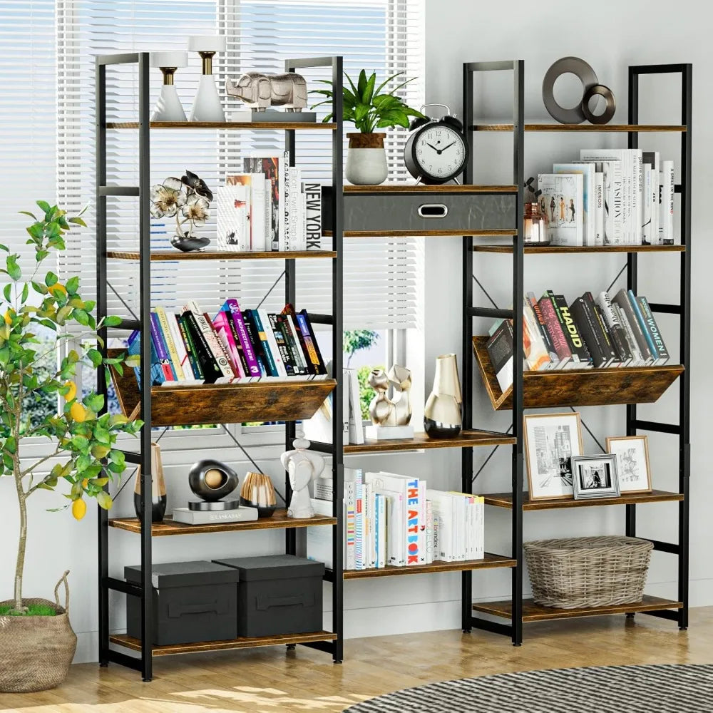 Triple Wide 5 Tier Bookshelf Rustic Industrial Style