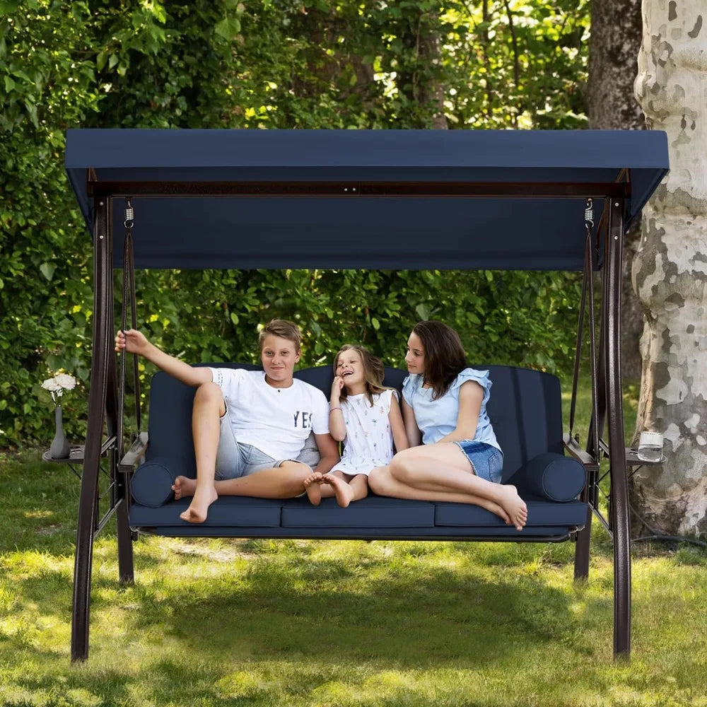 3 Person Outdoor Porch Swing Bed with Adjustable Canopy and Deep Cup Holder