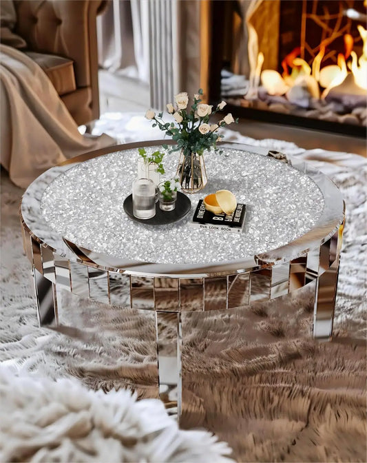 Round Mirrored Coffee Table With Crushed Diamond Glass Top