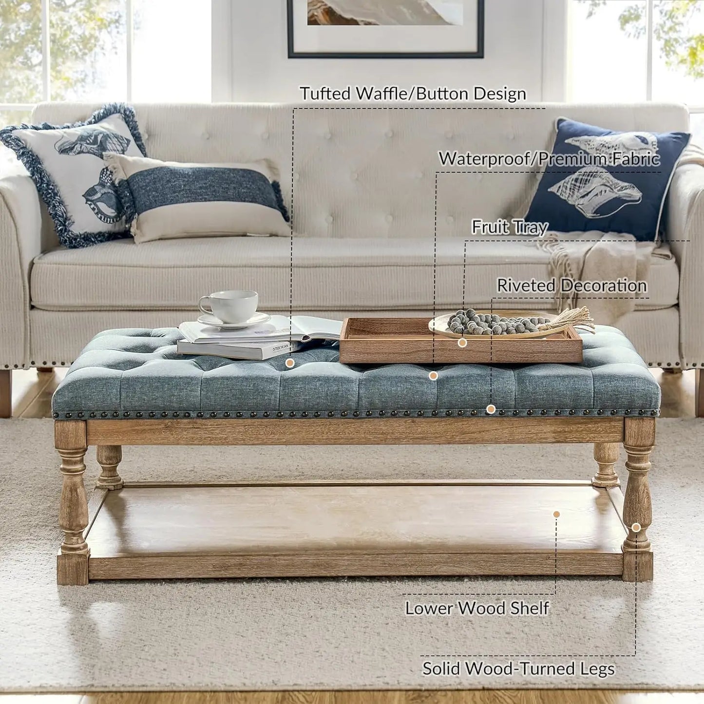 Rectangle Ottoman Coffee Table With Tray And Tufted Wood Storage Shelf