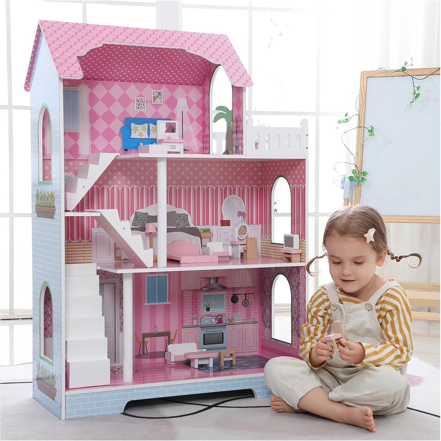 Three Tier Wooden Dollhouse With Furniture Playset For Kids