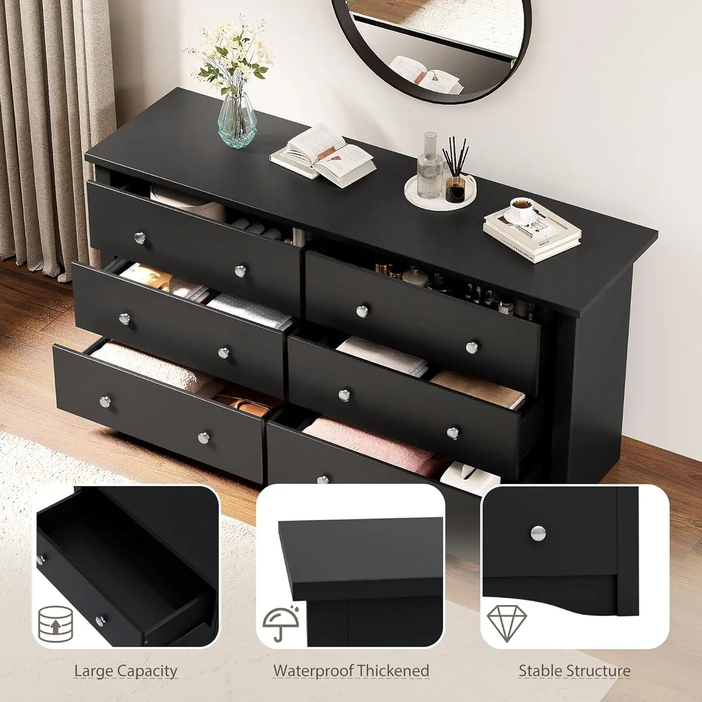 Wood Six Drawer Dresser for Bedroom and Hallway Storage