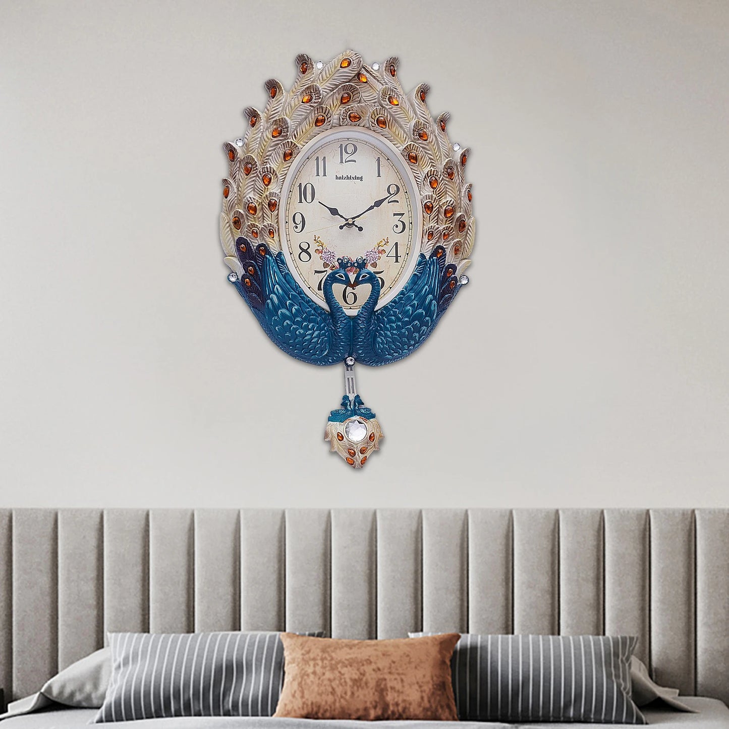 NONED Peacock Wall Clock Modern Pendulum Crystal Accents