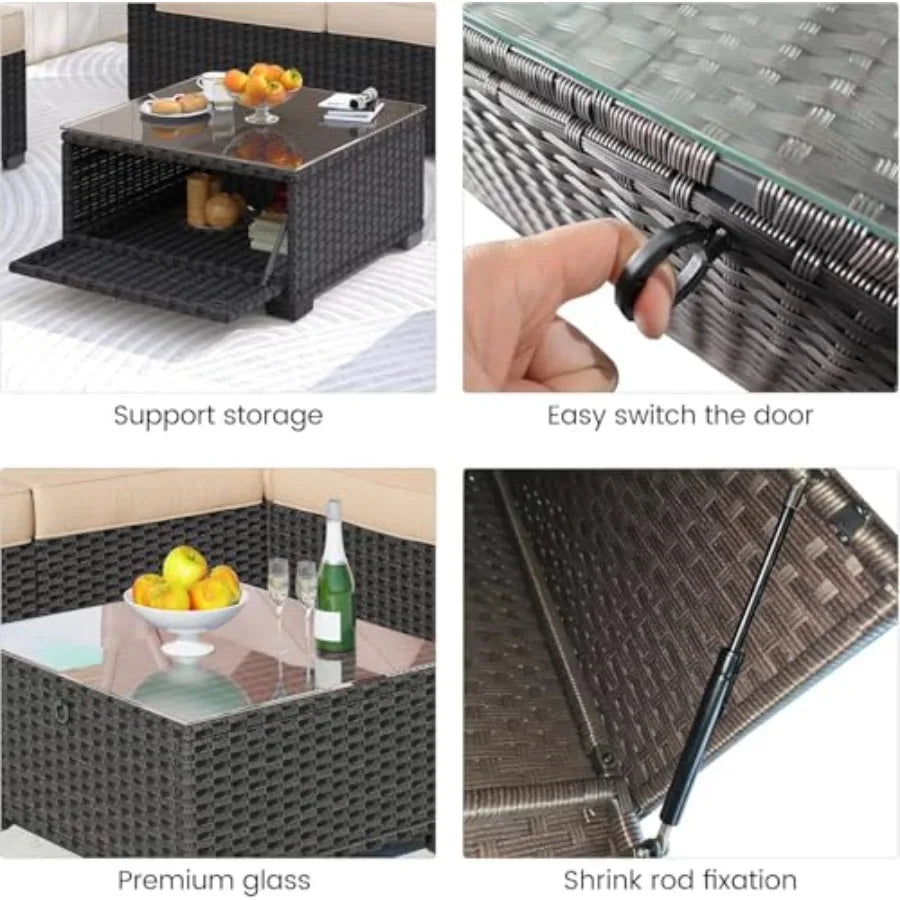OLOEY Patio Furniture Set Wicker Sofa With Retractable Canopy And Storage Table
