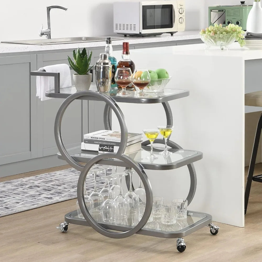 Three Tier Bar Cart With Wheels And Crystal Shelves