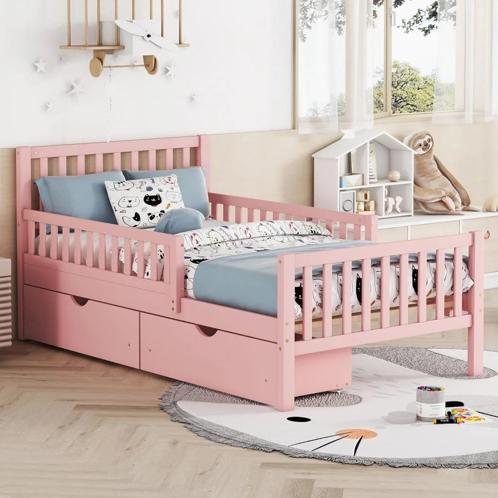 Kids Bed Frame With Guardrails And Drawers Storage Unit