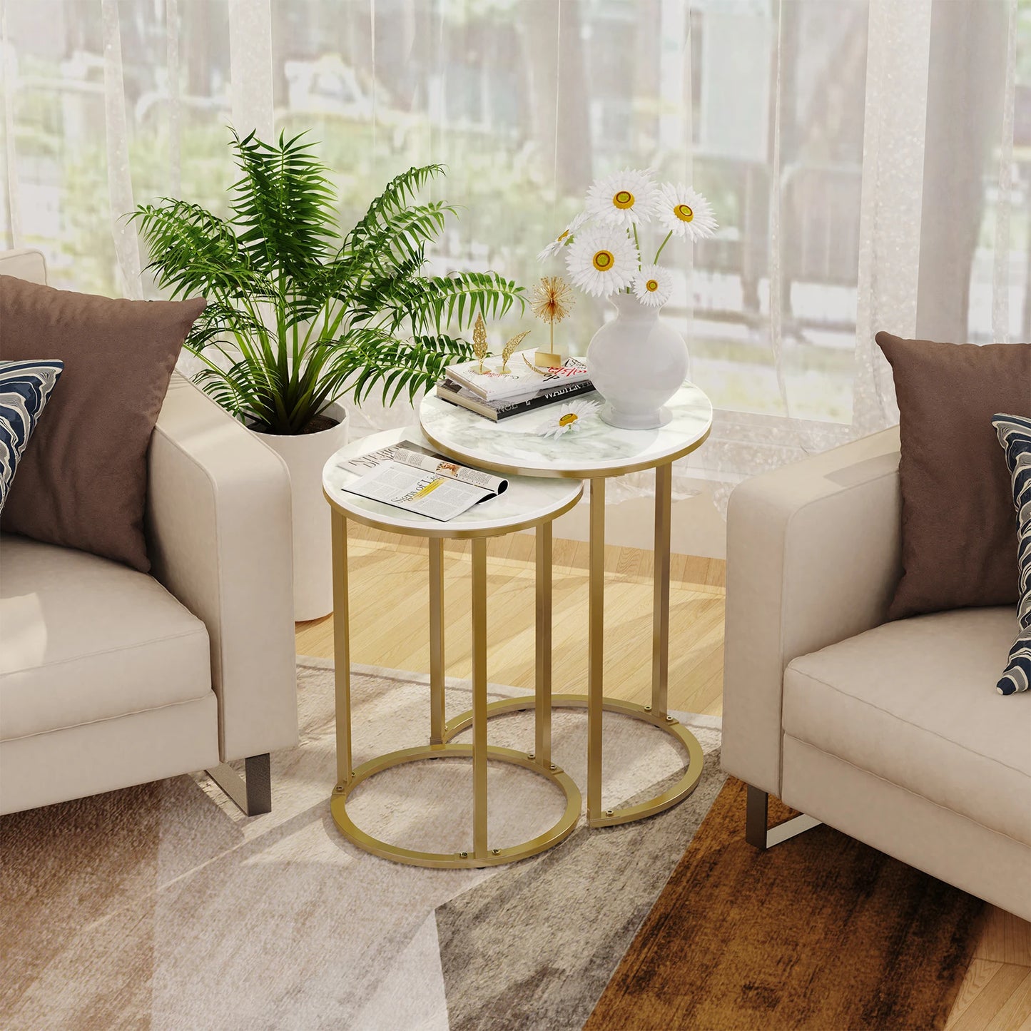 Set of 2 Modern Sintered Stone Round Accent Tables with Metal Base