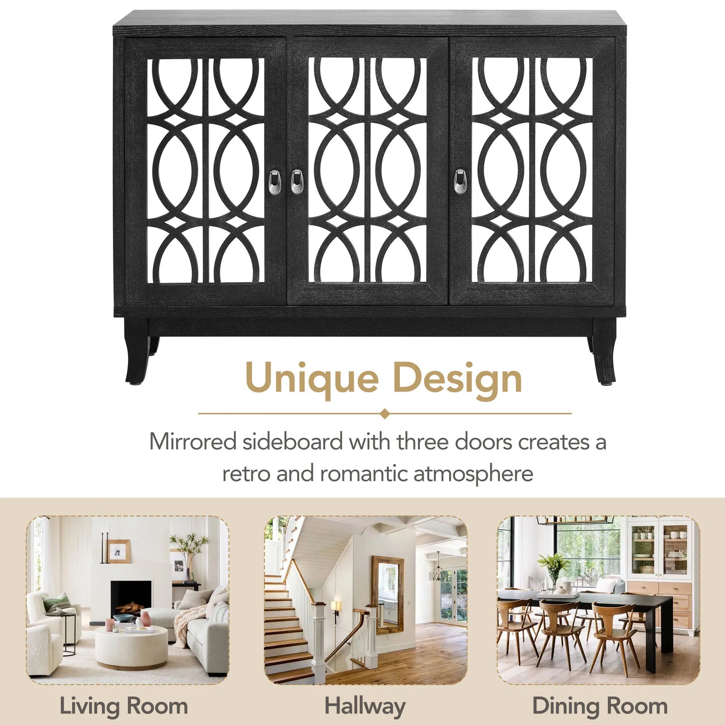 Sideboard With Glass Doors Three Door Mirrored Buffet Cabinet