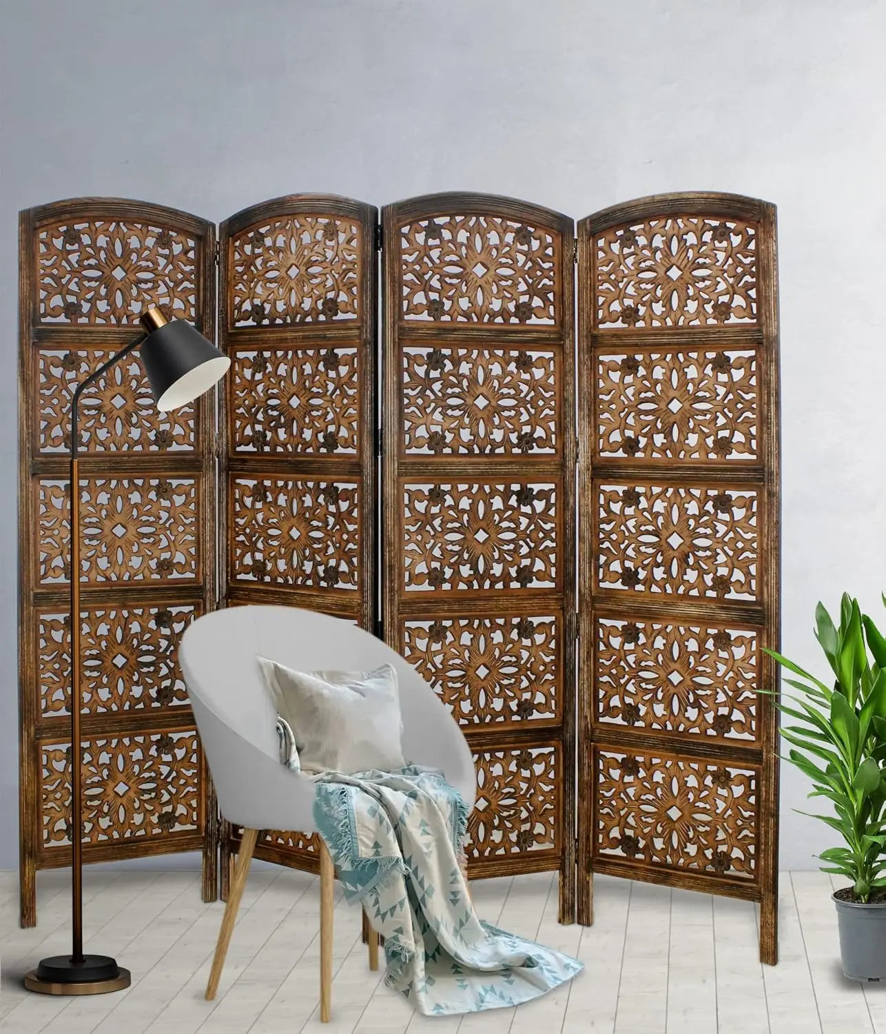 Hand Carved Wood Room Divider Screen Portable Privacy Partition