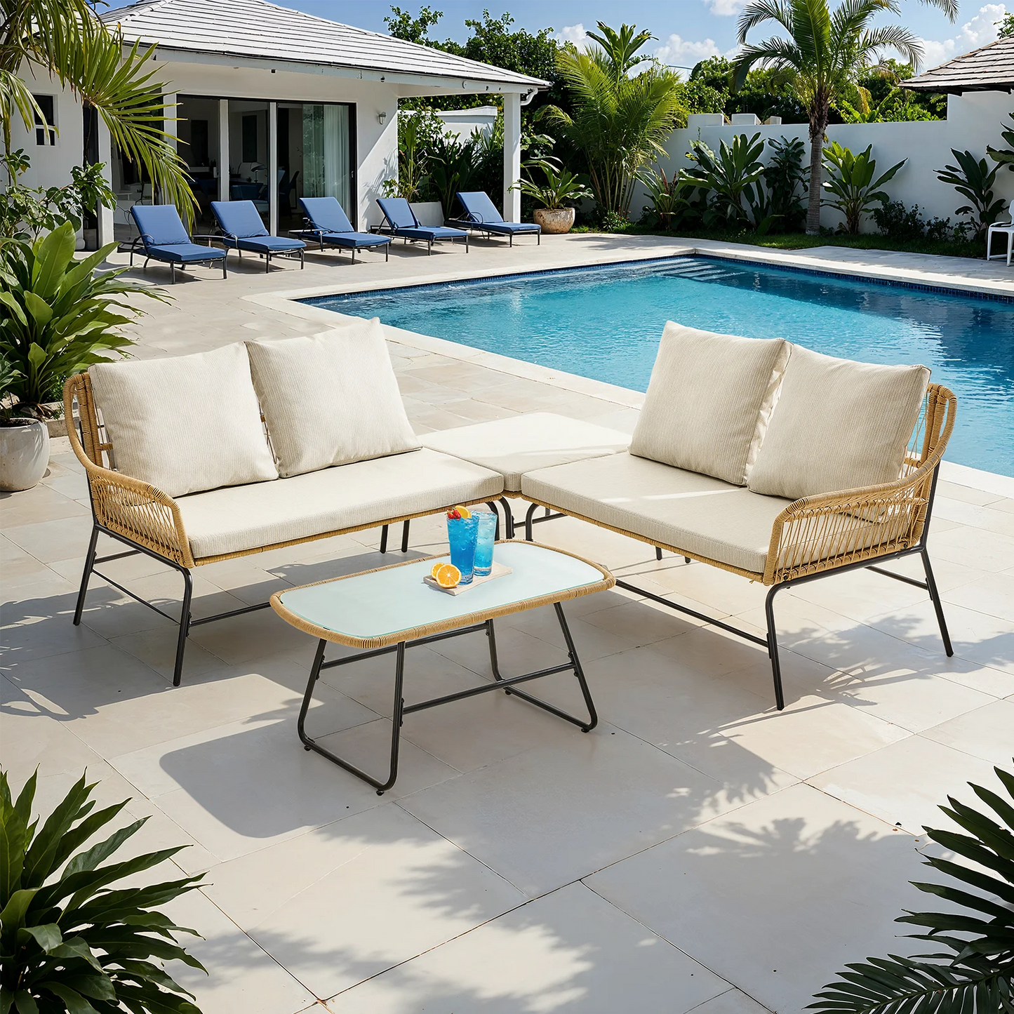 ONBRILL Outdoor Sectional Set Wicker Sofa Glass Coffee Table