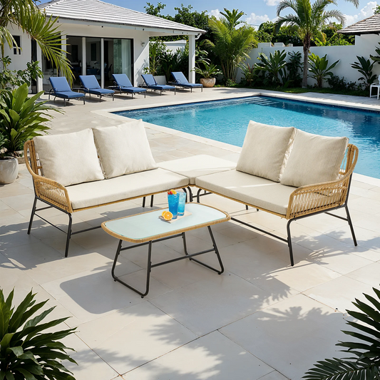 ONBRILL Outdoor Sectional Set Wicker Sofa Glass Coffee Table