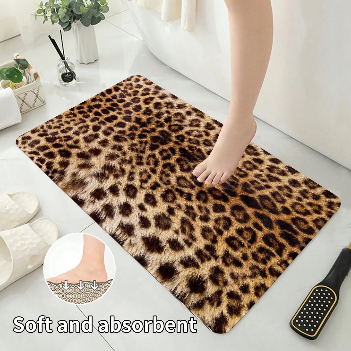 Leopard Pattern Polyester Shower Curtain Set With Bath Accessories