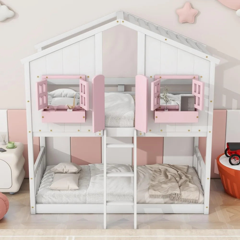 Pine Floor House Bunk Bed With Roof Window Storage