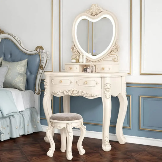 Stylish White Makeup Vanity with LED Touch Light Mirror and Cushioned Stool
