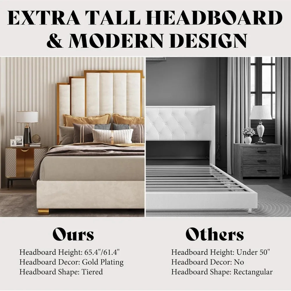 Ticify Upholstered Bed With Tall Headboard And Trim