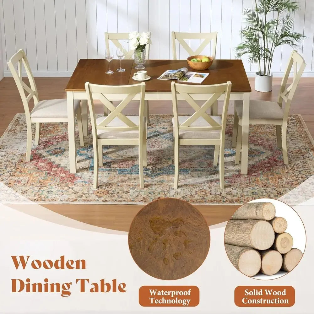 Rustic Armhouse Dining Table Set With Upholstered Chairs