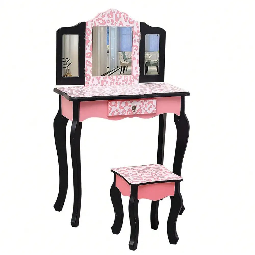 Pretend Play Vanity Table and Chair Set with Tri-Folding Mirror and Storage