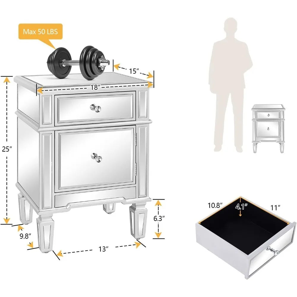 Modern Mirrored Nightstand Bedside Table With Drawer And Cabinet