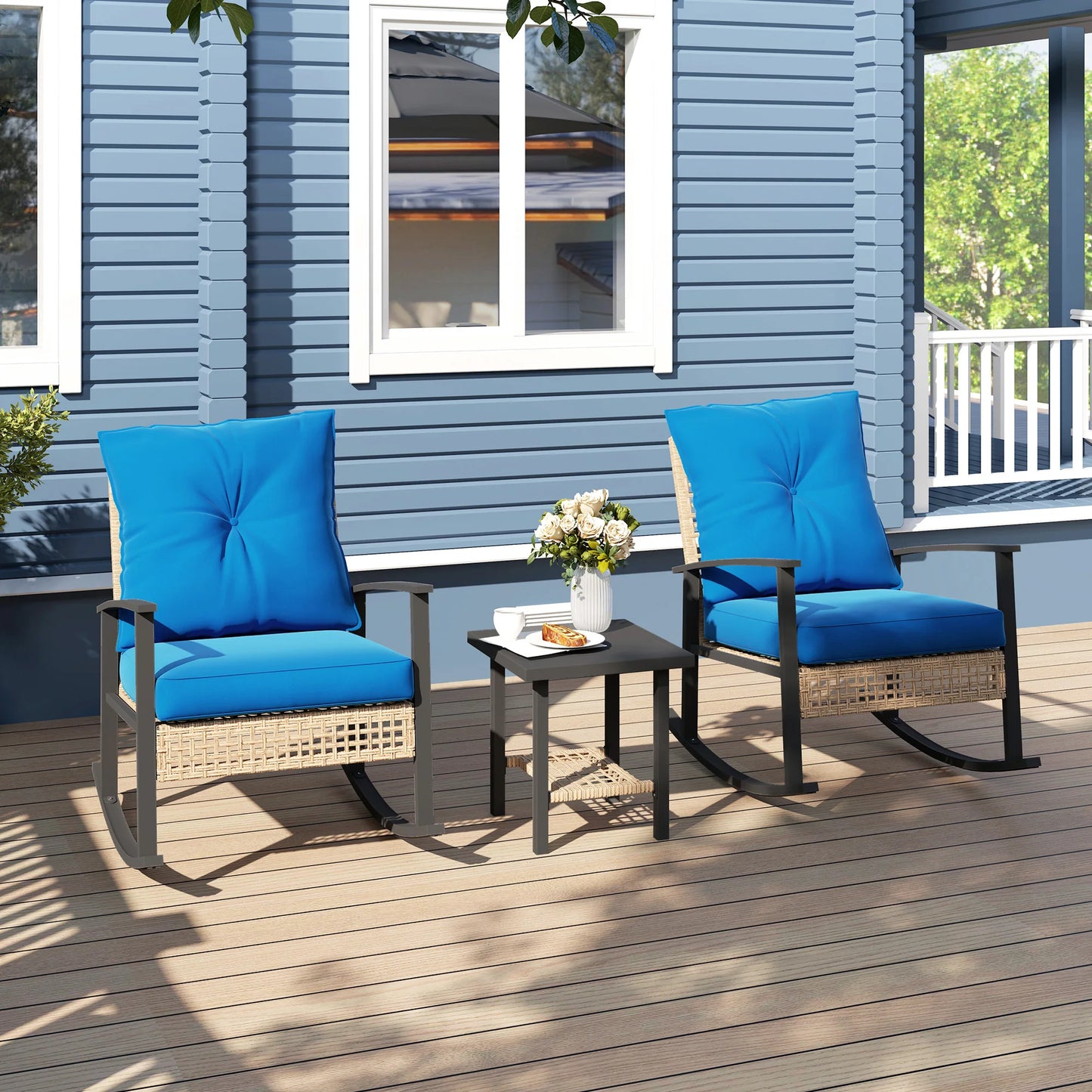 3 Pieces Bistro Set With Rattan Rocking Chairs And Coffee Table