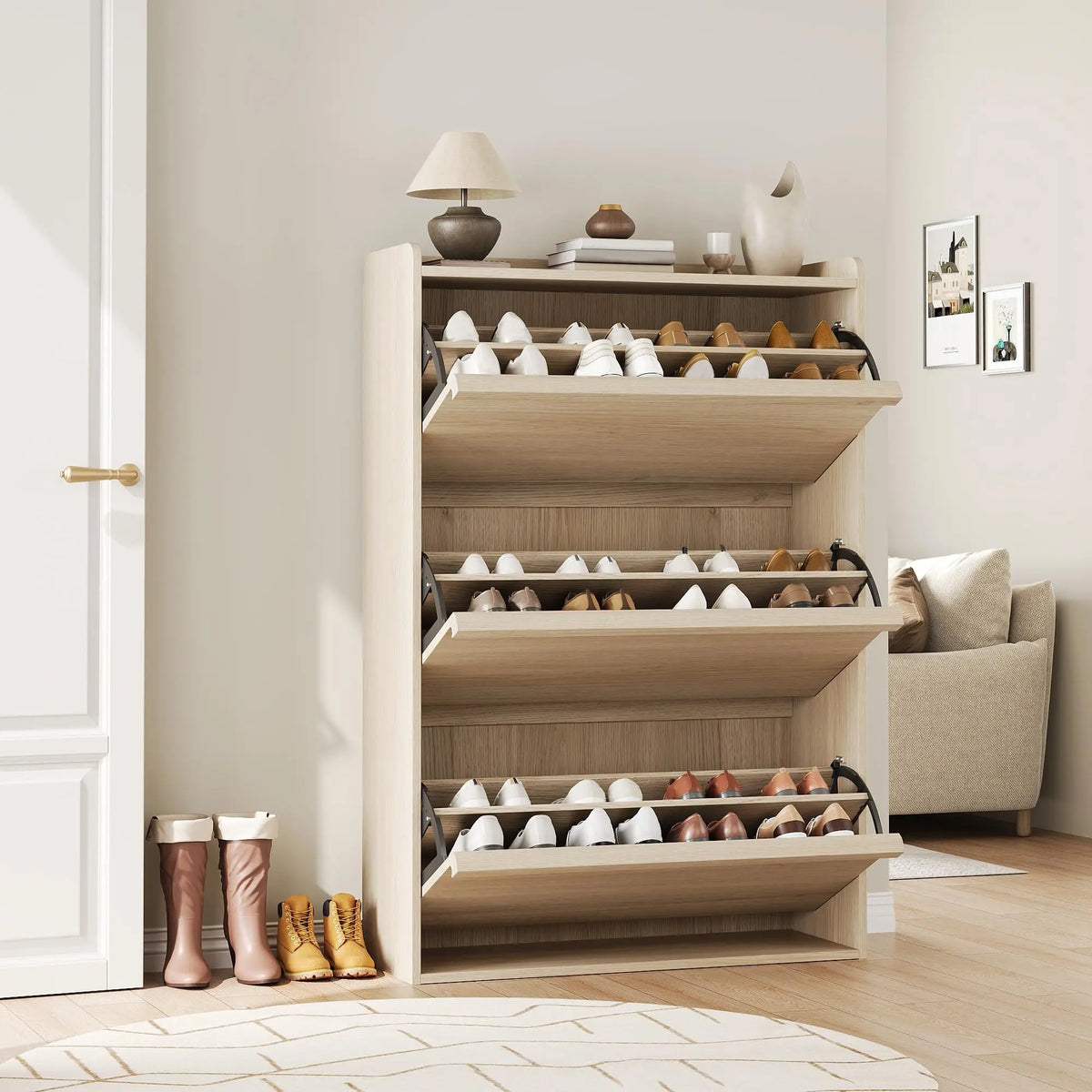 HiMISS Three Flip Drawer Shoe Cabinet With Adjustable Shelves