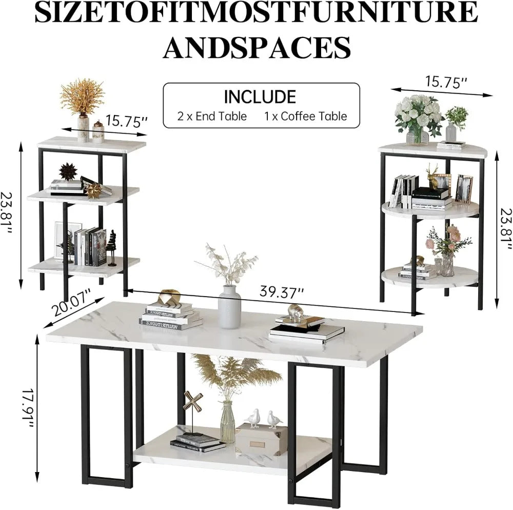 Faux Marble Coffee Table Set With Metal Frame 3-Piece