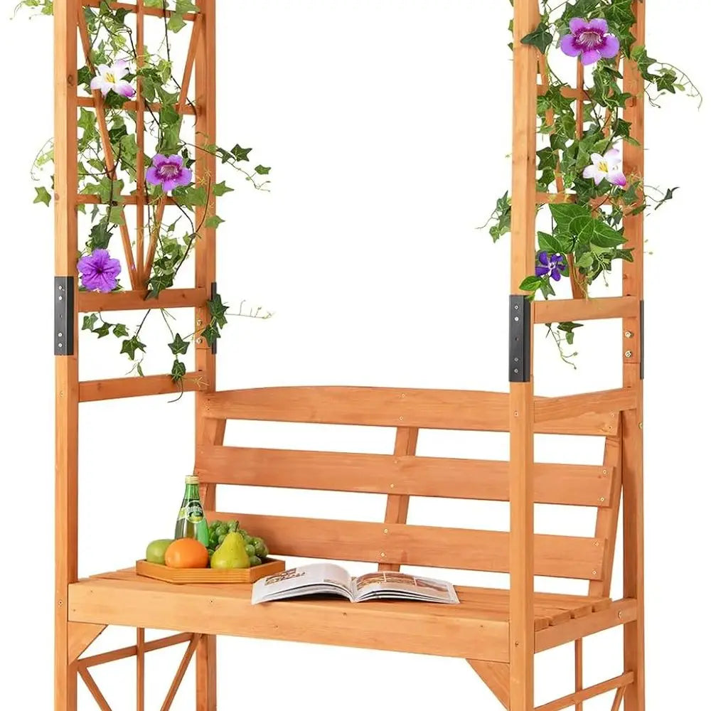 HAPPYGRILL Patio Garden Arbor With Bench Wooden Arch Pergola Trellises